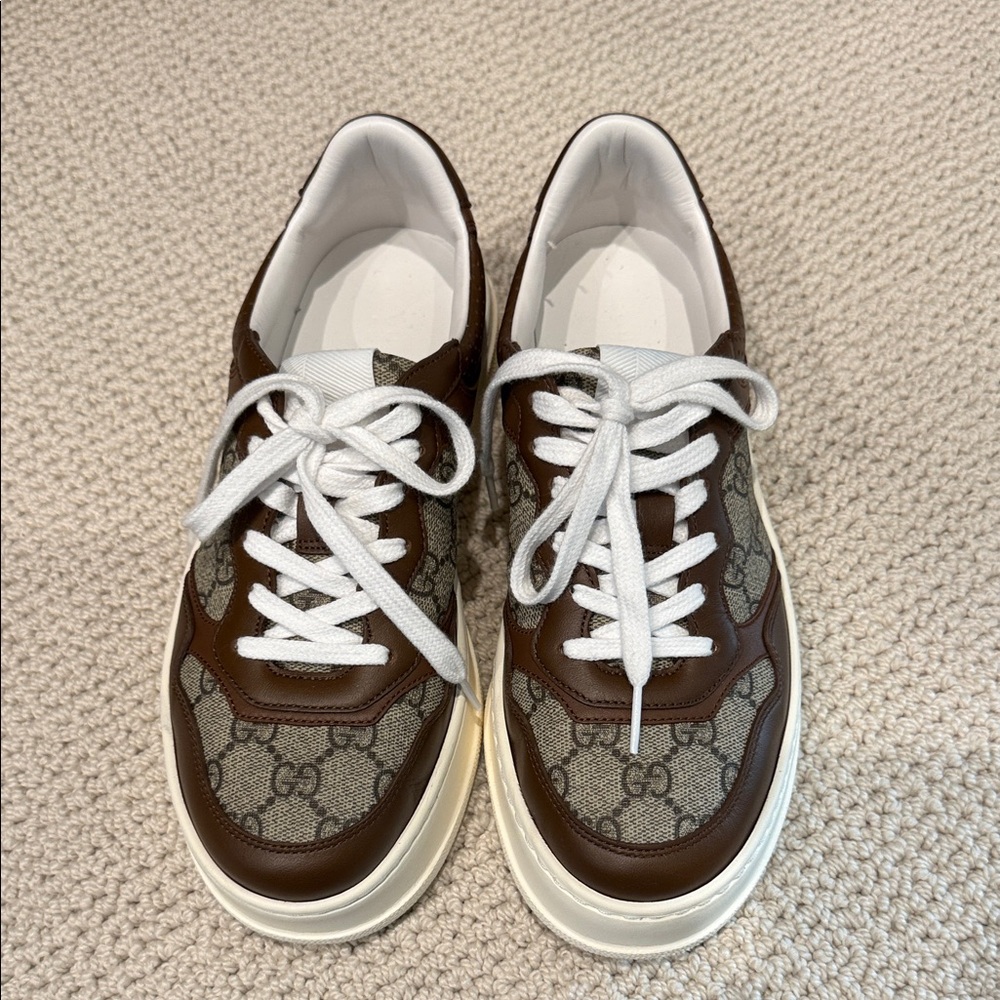 Gucci Brown GG Monogram Low-Top Sneakers with White Laces